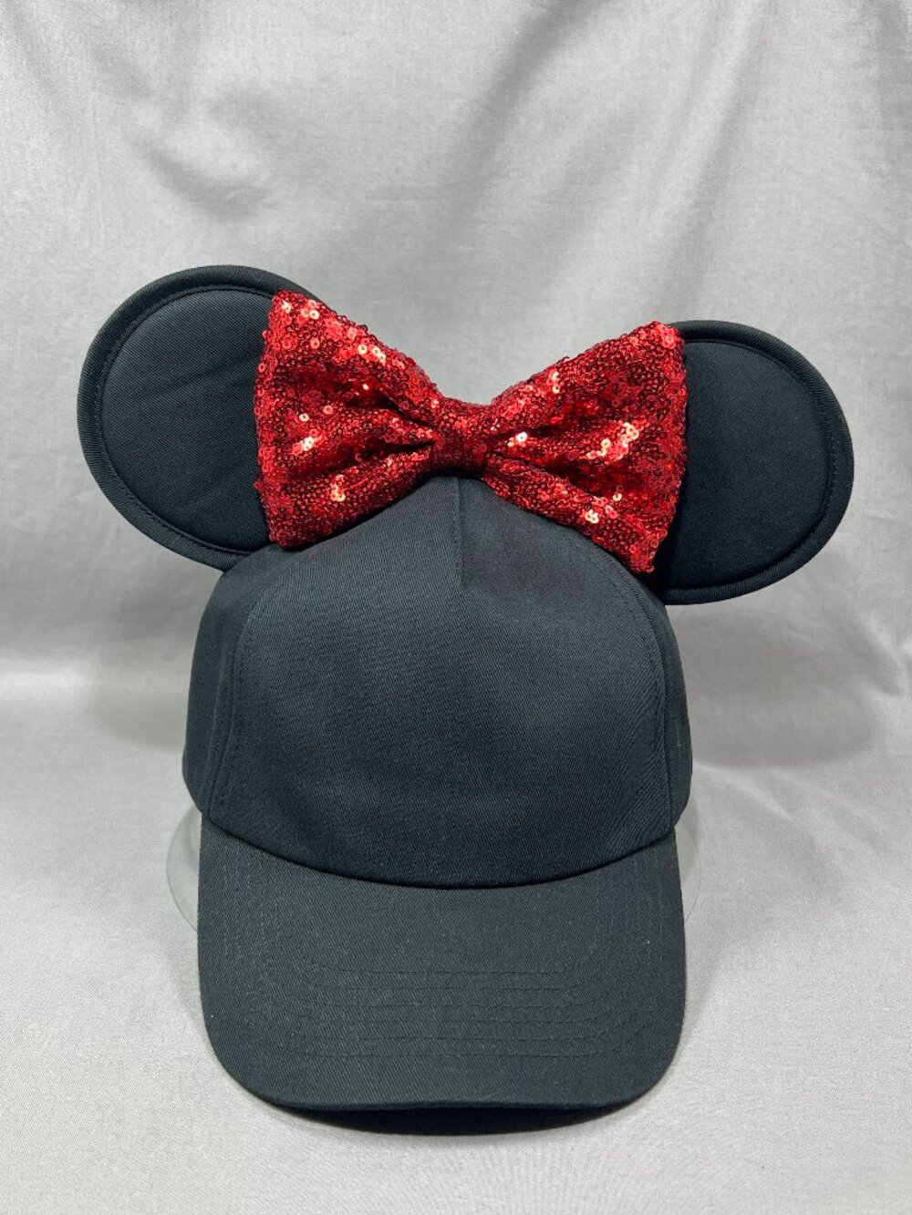 Disney Store Minnie Mouse Ears Hat Black Red Sequin Bow Strapback Adult Ball Cap